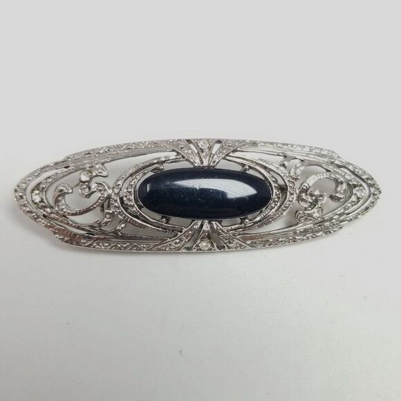 Vintage Black and Silver Tone Oval Shape Brooch, Cabochon Center, Unisex Estate - Picture 2 of 6